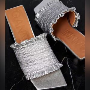 Brand New Ganni Shoes with boxes and labels | SILVER SMOCK KITTEN HEEL MULES